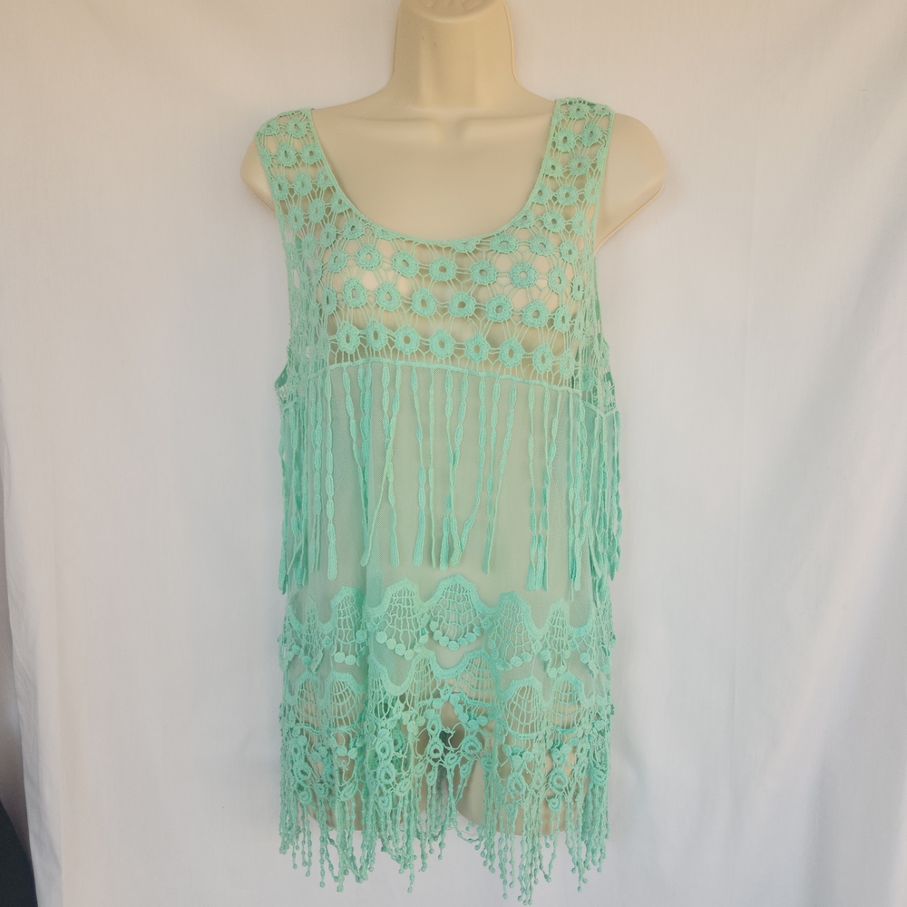 Say What Light Blue Green Crochet Knit Fringe Top XL Sheer Festival Boho Western